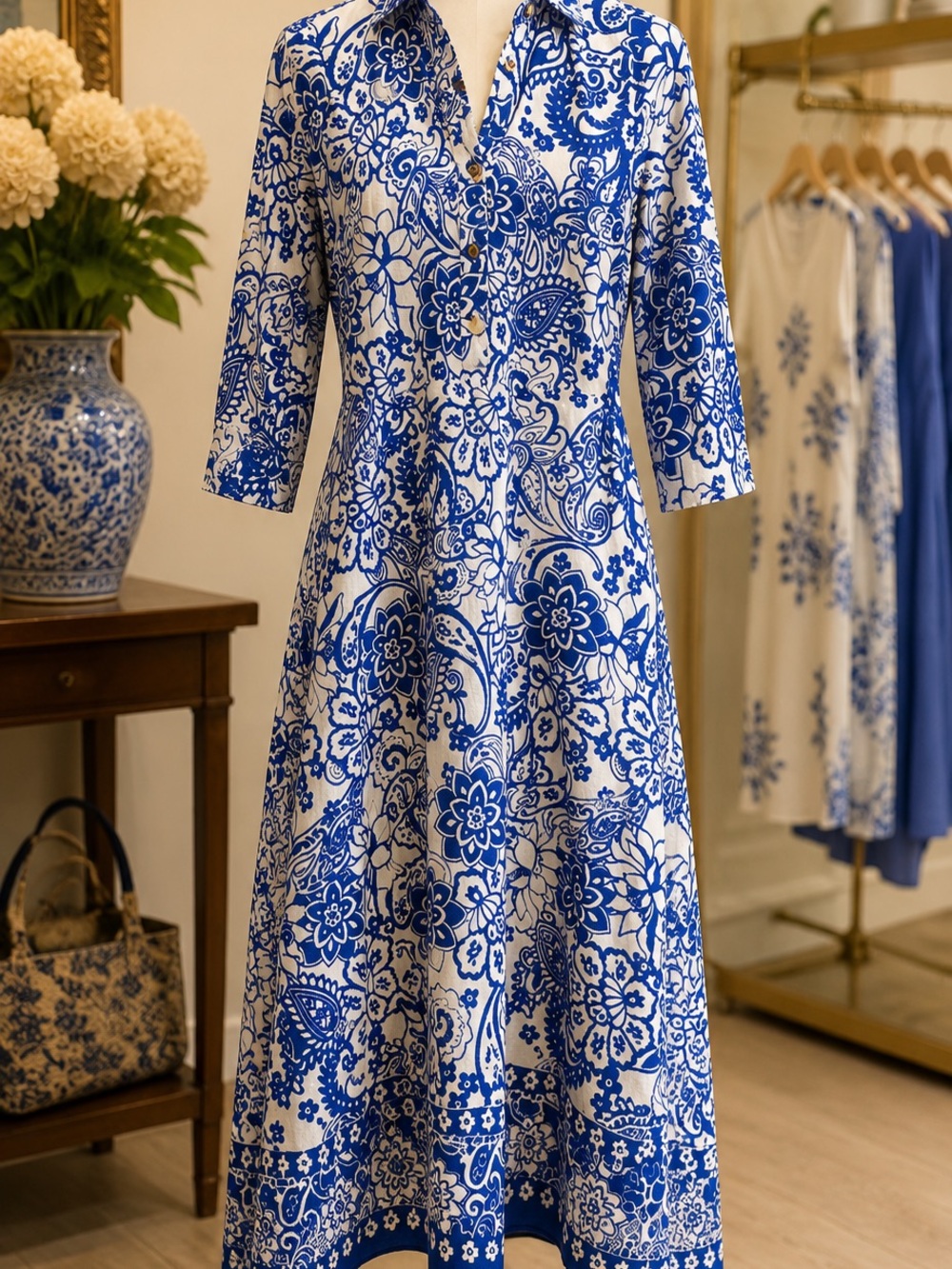 Mlle Gabrielle Blue and White Floral Button-Front Dress